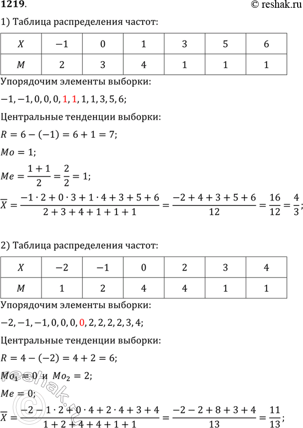 Изображение 1219 Найти размах, моду, медиану и среднее выборки значений случайной величины X,...