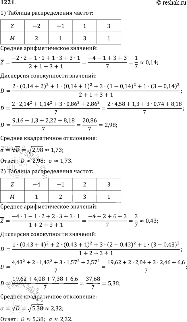 Изображение 1221 Найти дисперсию и среднее квадратичное отклонение значений случайной величины Z,...