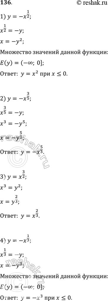 Изображение 136. Найти функцию, обратную данной:  1) y= -x^1/2;  2) y= -x^3/5;  3) y= x^3/2;  4) y=...