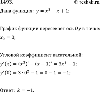 Изображение 1493 Найти угловой коэффициент касательной к графику функции у = х3 - х + 1 в точке пересечения его с осью...