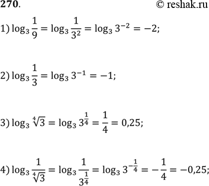 Изображение 270. 1)log3(1/9);  2)log3(1/3);  3)log3(корень 4 степени 3);  4)log3(1/корень 4 степени...