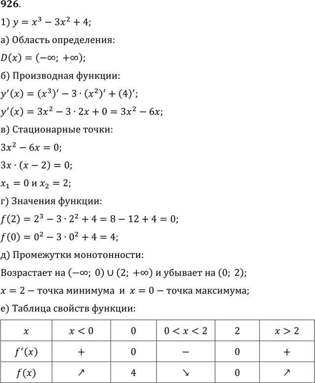 Изображение Построить график функции (926—927).  926   1) у = х3 - 3х2 + 4;  2) у = 2 + 3х - х3;  3) у = -х3 + 4х2 - 4х;	  4) у = х3 + 6х2 +...