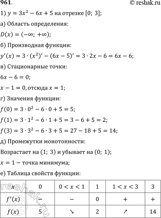 Изображение 961 Построить график функции:  1) у = 3х2 - 6х + 5 на отрезке [0; 3];  2) у = 1х4/4 - 2х3/3 - 3х2/2 + 2 на отрезке [-2;...