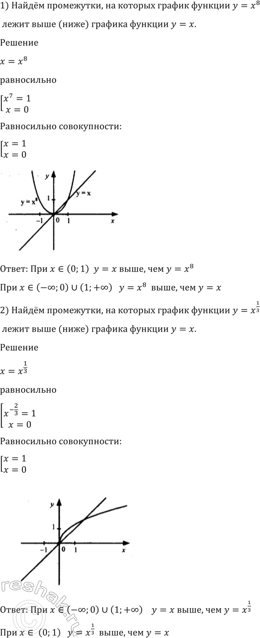 Изображение 126. Найти промежутки, на которых график функции:  1) у = х8; 2) у = х1/3 — лежит выше (ниже) графика функции у =...