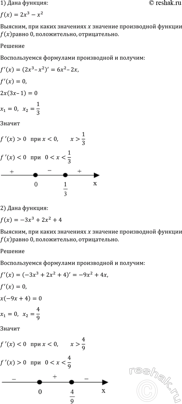 Изображение 875 Найти значения х, при которых значение производной функции f (х) равно нулю; положительно;...