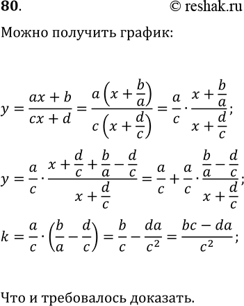 Изображение 80. Докажите, что график любой дробно-линейной функции y=(ax+b)/(cx+d) (c?0 и ad-bc?0) может быть получен из графика y=k/x параллельным переносом. Укажите коэффициент...