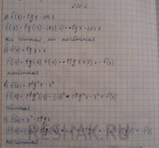 Изображение Исследуйте функцию у - f{x) на четность, если: а) f(x) = tgx - cosx;	в)	f{x)	= ctg2x - x4; б) f(x) = tgx + x;	г)	f(x)	= x3 -...