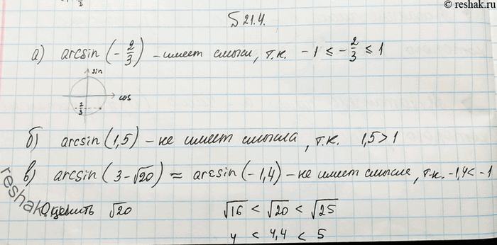 Изображение Имеет ли смысл выражение: а) arcsin (-2/3) б) arcsin 1,5 в) arcsin (3-корень 20) г) arcsin (4-корень...