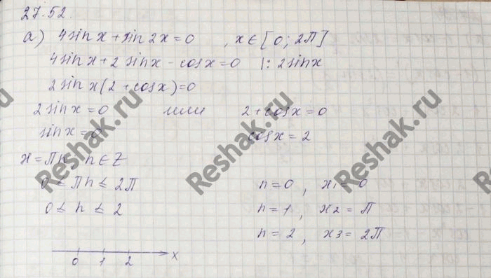 Изображение a) 4 sin х + sin 2х = 0, х € [0; 2тс]; б) cos2 (3х + пи/4) - sin2 (3х + пи/4) + корень3 / 2 = О, х €...