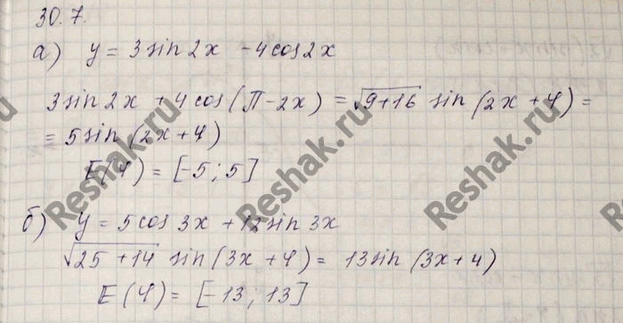 Изображение Найдите область значений функции: a) у = 3 sin 2х - 4 cos 2х; б) у = 5 cos 3х + 12 sin 3х; в) у = 7 sin х/2 + 24 cos х/2; г) у = 8 cos х/3 - 15 sin...