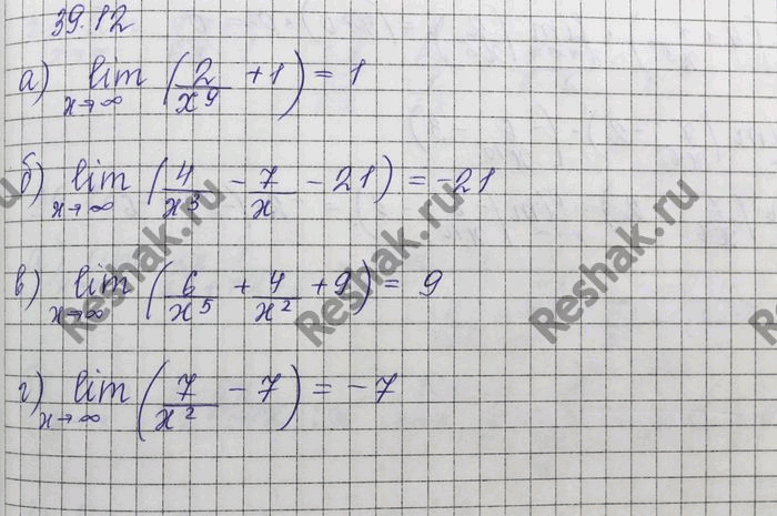 Изображение a) lim (2/x9 + 1); б) lim (4/x3 - 7/x - 21); в) lim (6/x5 + 4/x2 + 9); г) lim (7/x2 -...