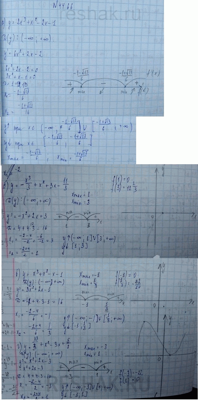 Изображение a) у = 2x3 + x2 - 2x - 1; б) y = - x3/3+ x2 + 3х - 11/3; в) у = х3 + x2 - х - 1; г) y = x3/3 + x2 - 3x +...