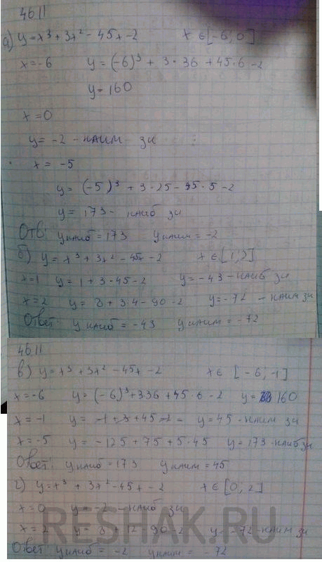 Изображение Найдите наибольшее и наименьшее значения функции у = х3 + 3х2 - 45x - 2 на отрезке: a) [-6; 0];  б) [1; 2];  в) [-6; -1];  г) [0;...