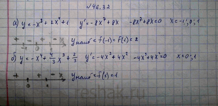 Изображение Найдите наибольшее значение функции: a) у = -х8 + 2х4 +1;	 б) у = -х4 + 4/3х3 +...