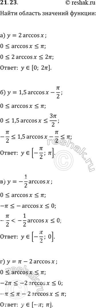 Изображение Найдите область значений функции: а) у = 2 arccos x;	 б) у = 1,5 arccos x - Пи/2;  в) у = -1/2 arccos x; г) у = Пи - 2arccos...