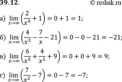 Изображение a) lim (2/x9 + 1); б) lim (4/x3 - 7/x - 21); в) lim (6/x5 + 4/x2 + 9); г) lim (7/x2 -...