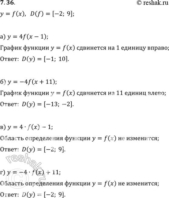 Изображение Пусть D(f) = [-2; 9]. Найдите область определения функции:  а) у = 4f(x - 1); в) у = 4 • f(x) - 1;  б) у = -4f(x + 11); г) у = -4 • f(x) +...