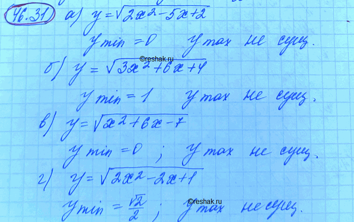 Изображение a) y = корень(2х2 - 5x + 2);	 б) y = корень(3x2 + 6x + 4); 	 в) y = корень(x2 + 6x - 7); г) y = корень(2x2 - 2x +...