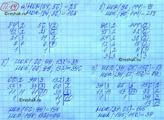 Изображение 19.	Найдите НОД и НОК чисел:  а) 84 и 56;	в) 96	и 144;  б) 66, 99 и 132; г) 39, 65 и...