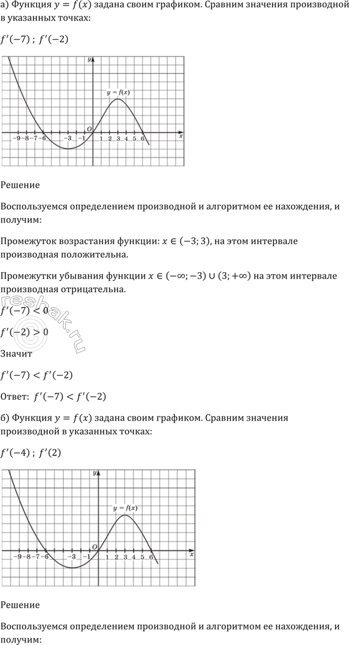 Изображение 27.10 Функция у = f(x) задана своим графиком (см. рис. 39).   Сравните значения производной в...