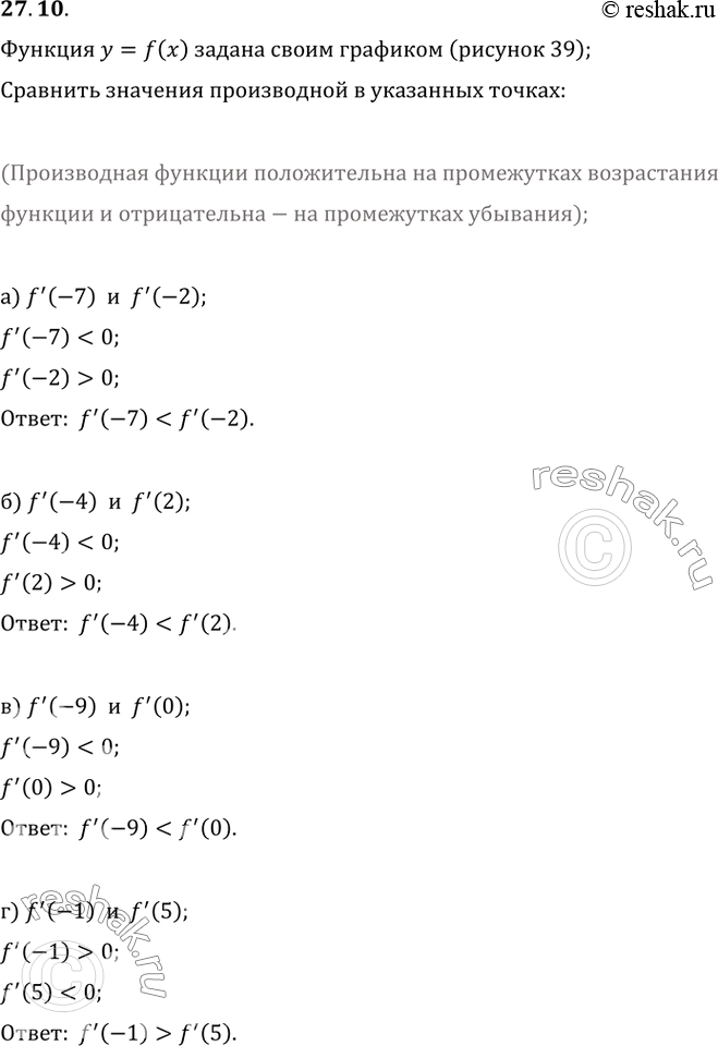 Изображение 27.10 Функция у = f(x) задана своим графиком (см. рис. 39).   Сравните значения производной в...