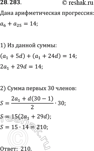 Изображение 28.283.	Сумма шестого и двадцать пятого членов арифметической прогрессии равна 14. Найдите сумму первых тридцати членов этой...
