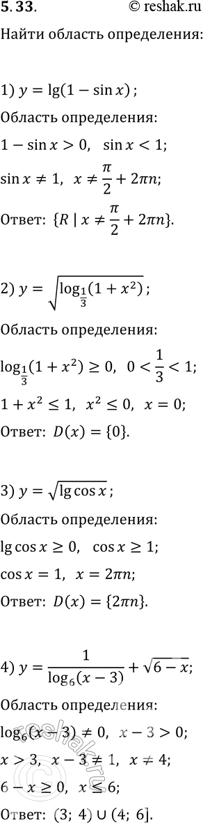 Изображение 5.33. Найдите область определения функции:  1) y=lg (1-sin x);   5) y=v((x+1)(3-x)/lg (x^2+1));  1) y=v(log_(1/3) (1+x^2));   6) y=log_5...