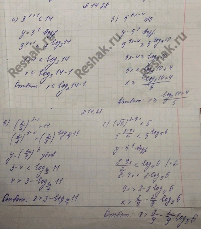 Изображение 14.28 а)3(x+1) меньше или равно 14; б)5(5x-4) меньше или равно 10; в)(2/7)(3-x)>11; г)(корень...
