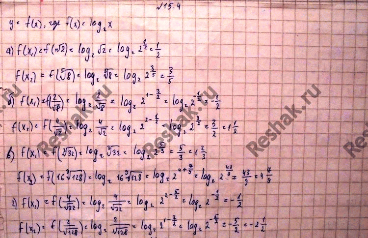 Изображение 15.4. а) х1 = коорень 2, х2 = корень 5 степени 8; б)x1=2/корень 8, x2=4/корень 2;	 в) х1 = корень 3 степени 32, x2 =...