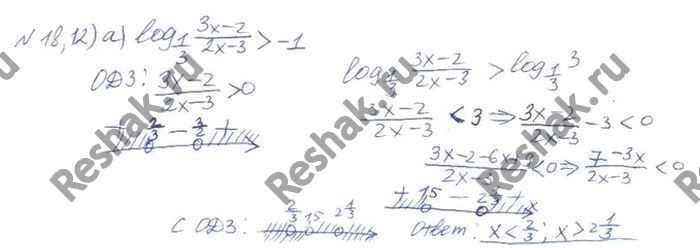 Изображение 18.12 Решите неравенство: а)log1/3((3x-2)/(2x-3))>-1; б)log5(2корень3 степени x2 - 3 корень3 степени...
