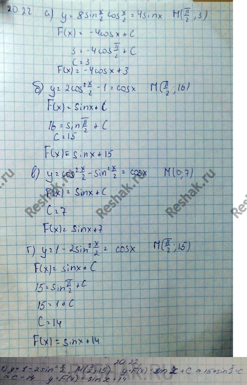 Изображение 20.22 а)8sin(x/2)cos(x/2), M(Пи/2;3); б)y=2cos2(x/2) -1, M(Пи/2;16); в)y=cos2(x/2)-sin2(x/2), M(0;7); г)y=1-2sin2(x/2),...