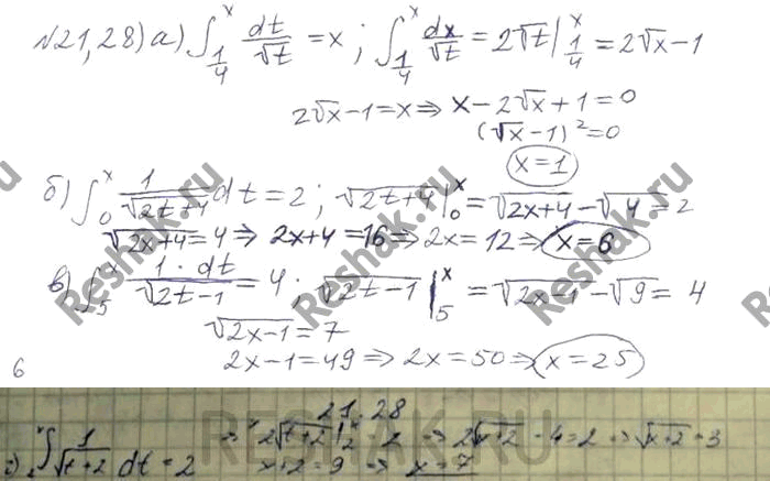 Изображение Решите уравнение: 21.28 а)интеграл (1/4;x) dt/корень t=x;в)интеграл (5;x) 1/корень(2t-1) dt=4 б)интеграл (0;x) 1/корень(2t+4) dt=2;  г)интеграл (2;x) 1/корень(t+2)...