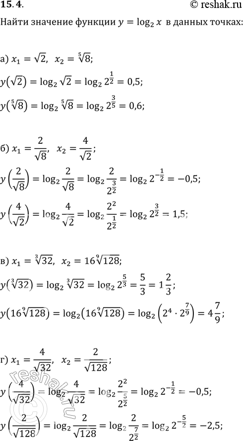 Изображение 15.4. а) х1 = коорень 2, х2 = корень 5 степени 8; б)x1=2/корень 8, x2=4/корень 2;	 в) х1 = корень 3 степени 32, x2 =...