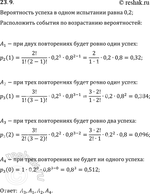 Изображение 23.9.	Вероятность успеха в одном испытании равна 0,2. Расположите следующие события в порядке...