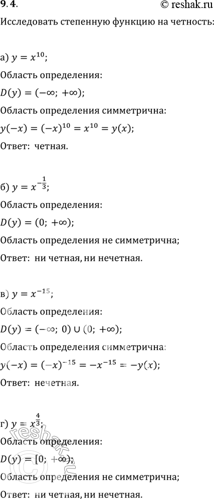 Изображение 9.4. Исследуйте степенную функцию на четность: а) у	=	х10;	б)	у	=	х	-1/3;	в)	у	=	х-15;	г)	у	=...