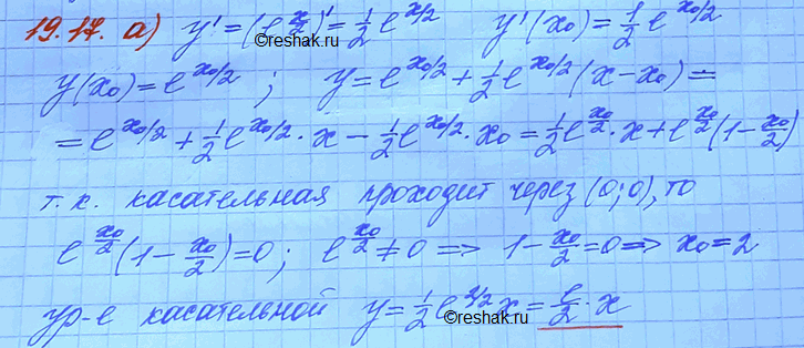Изображение 9.17. Проведите касательную к графику заданной функции так, чтобы она проходила через начало координат: а)	у = е(x/2);б) у =...