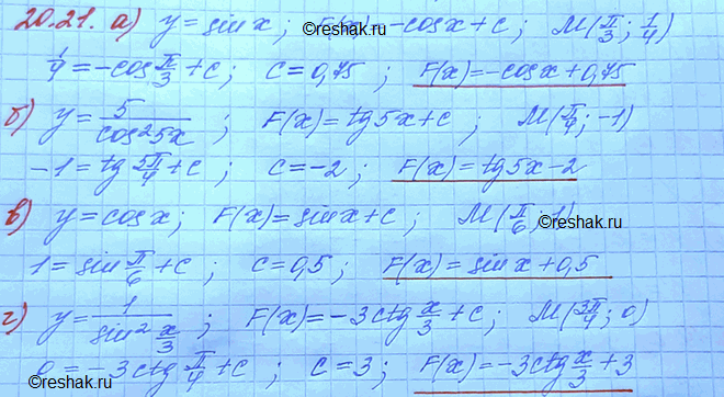 Изображение 20.21 а)y=sinx, M(пи/3;1/4); б)y=5/cos2(5x), M(Пи/4;-1); в)y=cosx, M(Пи/6;1); г)y=1/sin3(x/3),...