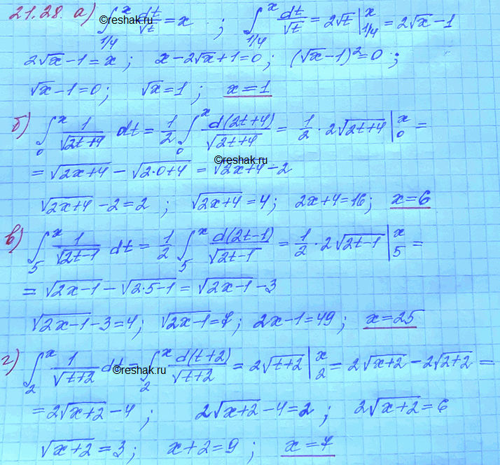Изображение Решите уравнение: 21.28 а)интеграл (1/4;x) dt/корень t=x;в)интеграл (5;x) 1/корень(2t-1) dt=4 б)интеграл (0;x) 1/корень(2t+4) dt=2;  г)интеграл (2;x) 1/корень(t+2)...