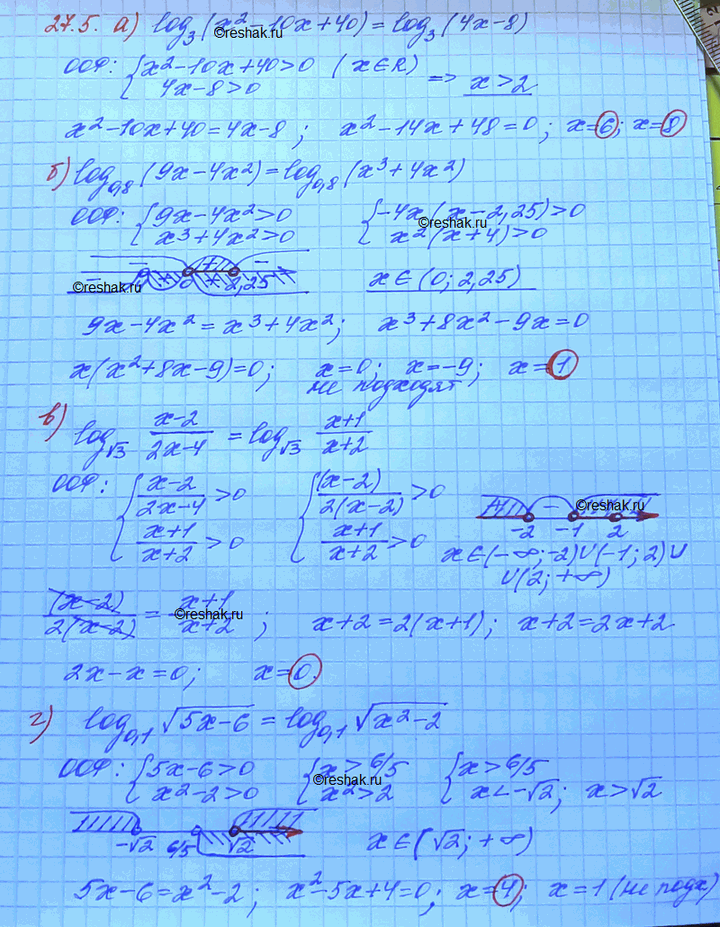 Изображение 27.5. a)	log3(х2 - 10х +	40)	= log3(4х - 8); б) log0,8 (9x - 4x2) = log0,8 (х3 + 4x2); в) log корень 3(x-2)/(2x-4) = log корень 3(x+1)/(x+2);...