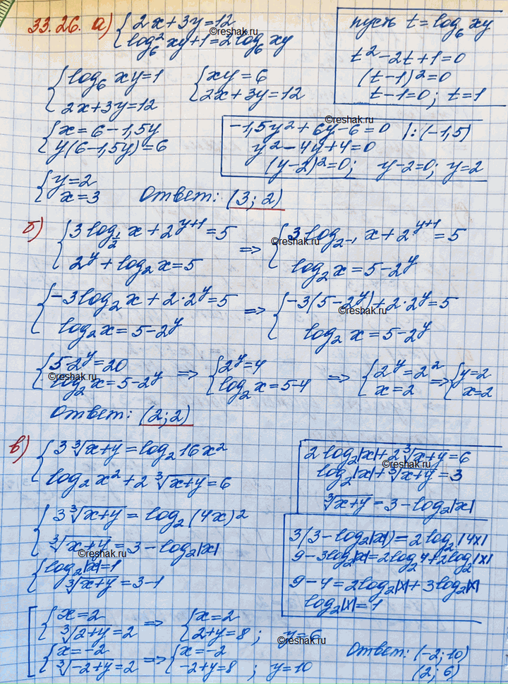 Изображение 33.7 а)система 3log1/2(x) + 2(y-1) =5, 2y+log2(x)=5; б)система 3 корень 3 степени x+y=log2(16x2), log2(x2) + 2 корень 3 степени...