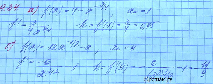 Изображение 9.34. Найдите угловой коэффициент касательной к графику функции у = f(x) в точке с абсциссой х0: а)...