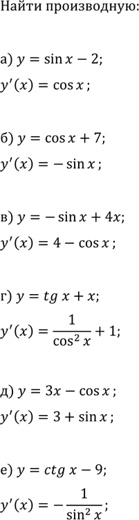Изображение Найдите производную функции:  а) y=sin(x)-2;   в) y=-sin(x)+4x;   д) y=3x-cos(x);  б) y=cos(x)+7;   г) y=tg(x)+x;   е)...