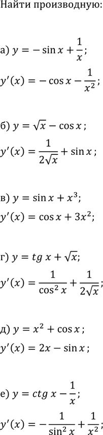Изображение Найдите производную функции:  а) y=-sin(x)+1/x;   в) y=sin(x)+x^3;   д) y=x^2+cos(x);  б) y=vx-cos(x);   г) y=tg(x)+vx;   е)...
