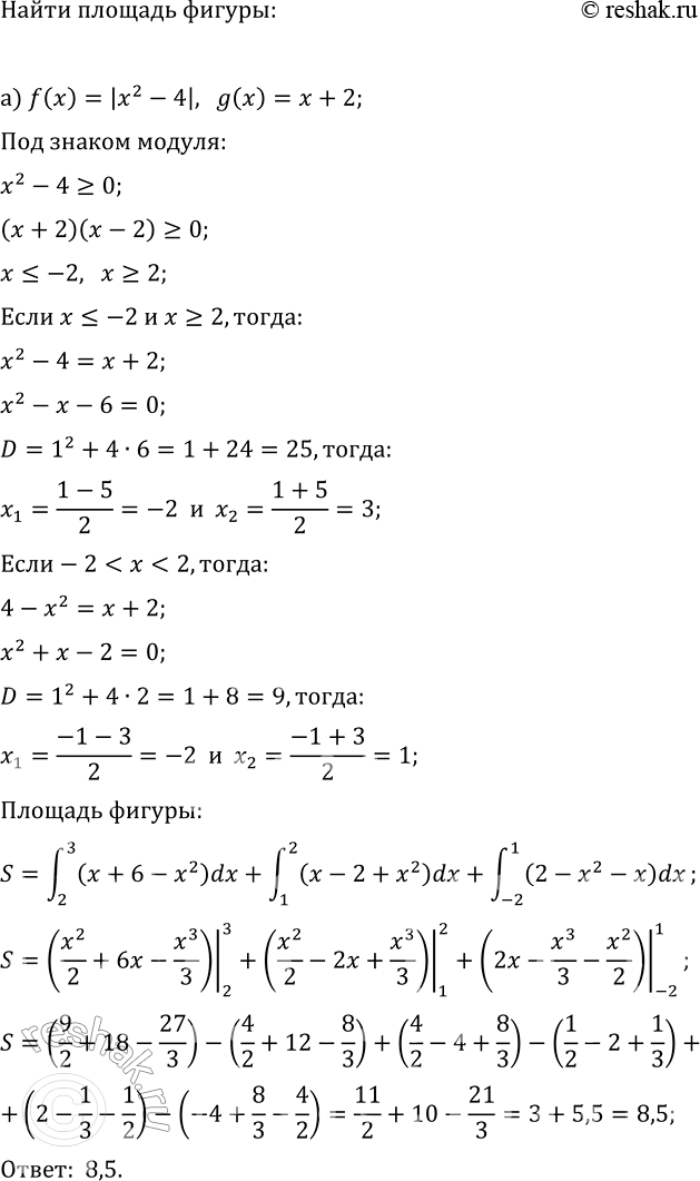 Изображение Найдите площадь фигуры, ограниченной графиками функций y=f(x) и y=g(x):  а) f(x)=|x^2-4|, g(x)=x+2;  б) f(x)=v(x+1),...