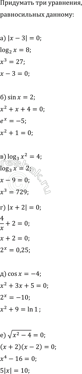Изображение Придумайте три уравнения, равносильных уравнению:  а) |x-3|=0;   г) |x+2|=0;  б) sin(x)=2;   д) cos(x)=-4;  в) log_3(x^2)=4;   е)...