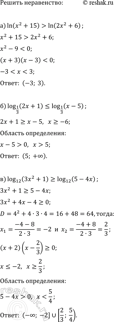 Изображение Решите неравенство, применяя теоремы о равносильности:  а) ln(x^2+15)>ln(2x^2+6);  б) log_(1/3)(2x+1)?log_(1/3)(x-5); ...