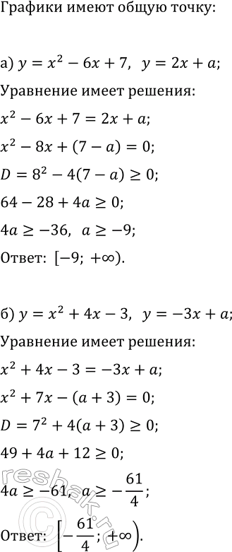 Изображение При каких значениях параметра а графики данных функций имеют хотя бы одну общую точку:  а) y=x^2-6x+7 и y=2x+a;  б) y=x^2+4x-3 и...