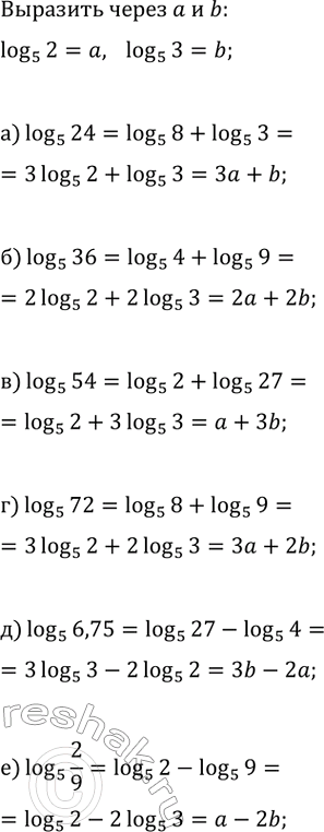 Изображение Известно, что log_5(2)=a и log_5(3)=b. Выразите через a и b:  а) log_5(24);   в) log_5(54);   д) log_5(6,75);  б) log_5(36);   г) log_5(72);   е)...