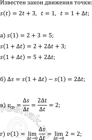 Изображение Известны закон движения точки по координатной прямой s(t)=2t+3 и время движения от t=1 до 1+?t....