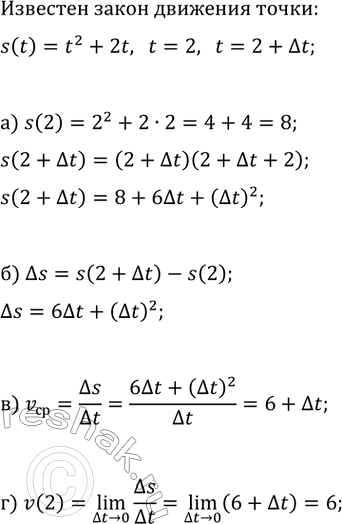 Изображение Известны закон движения точки по координатной прямой s(t)=t^2+2t и время движения от t=2 до 2+?t....